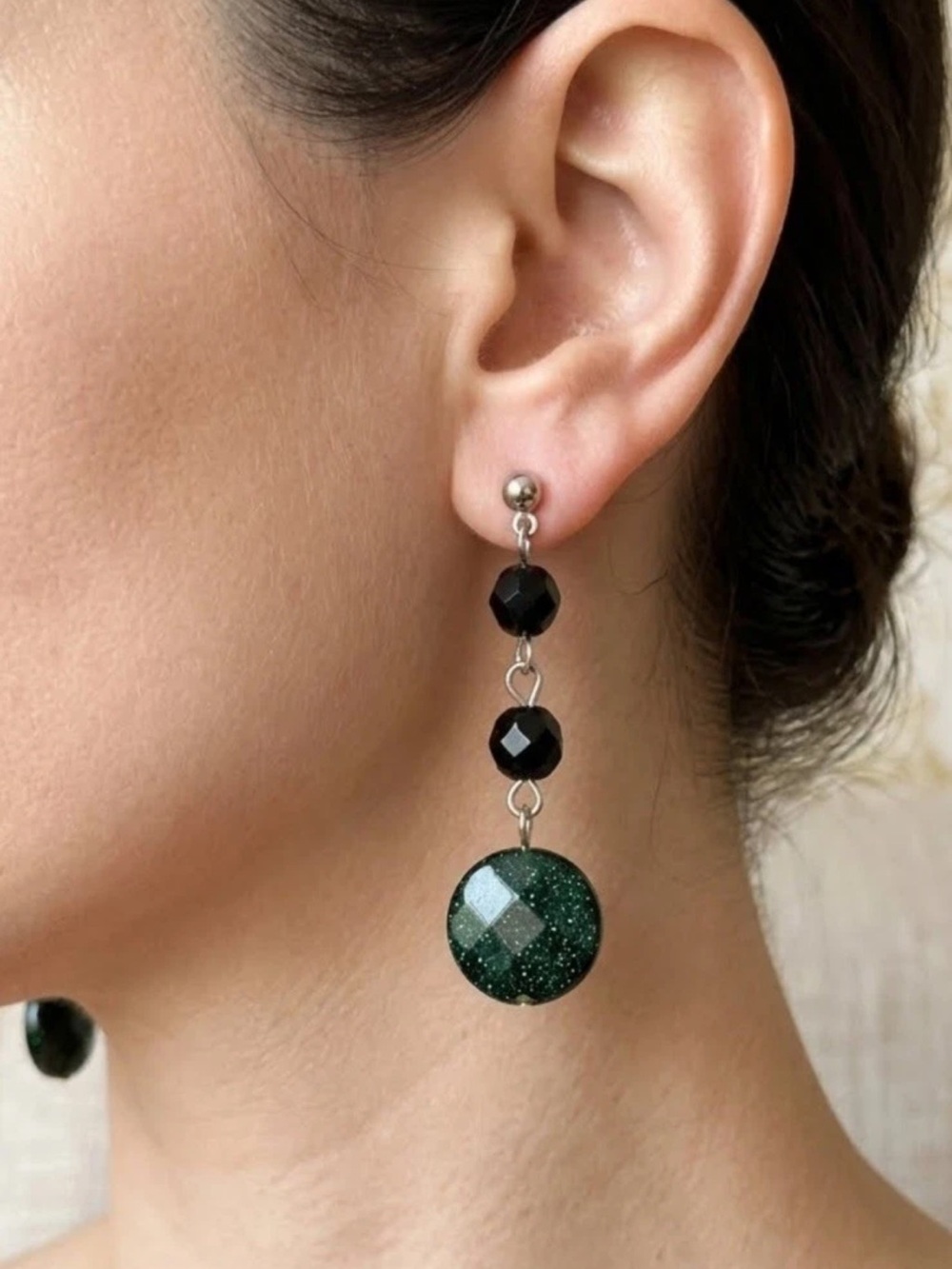 Rommanel Rhodium Plated Onyx & Goldstone Earrings